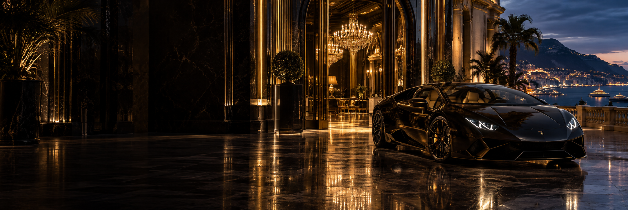 Czarne Lamborghini przed rozświetlonym pałacem — Luxusowe Zakupy